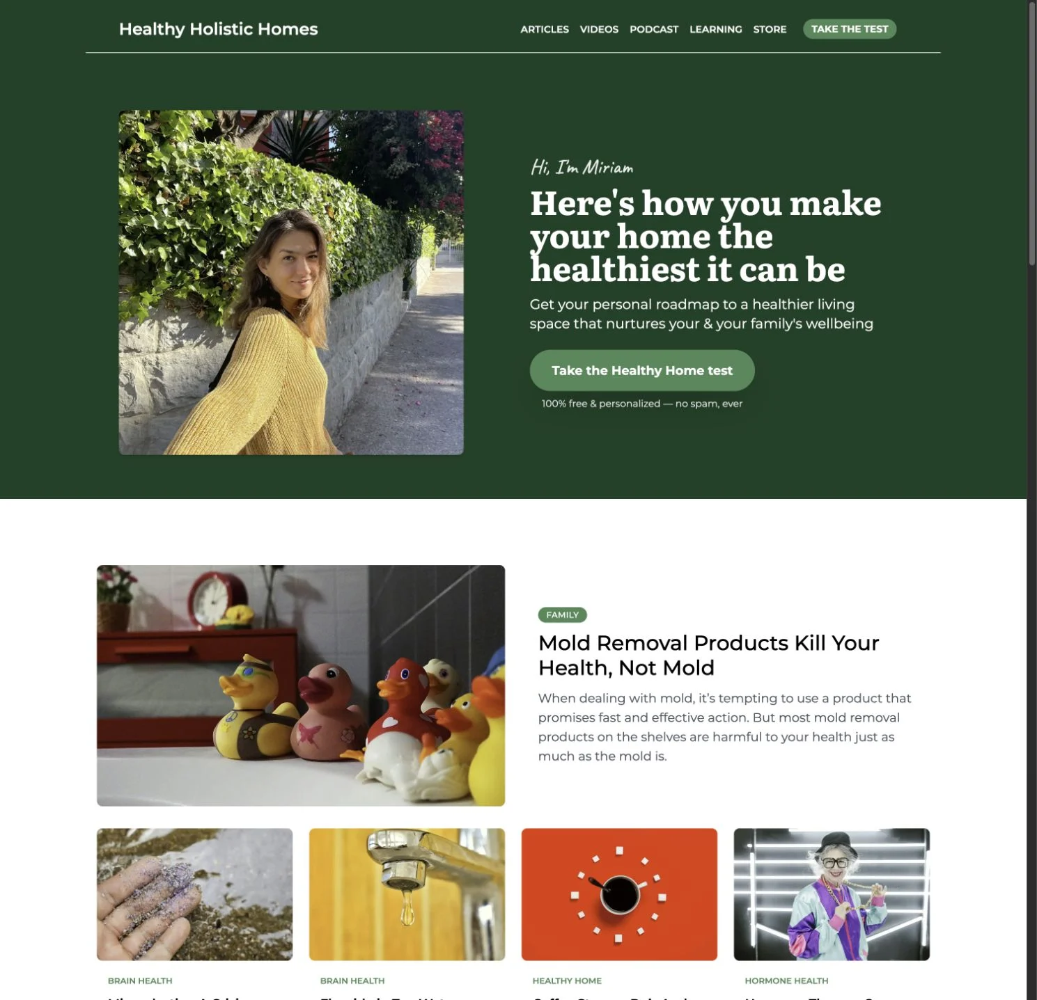 Healthy Holistic Homes homepage introducing Miriam and the healthy home assessment