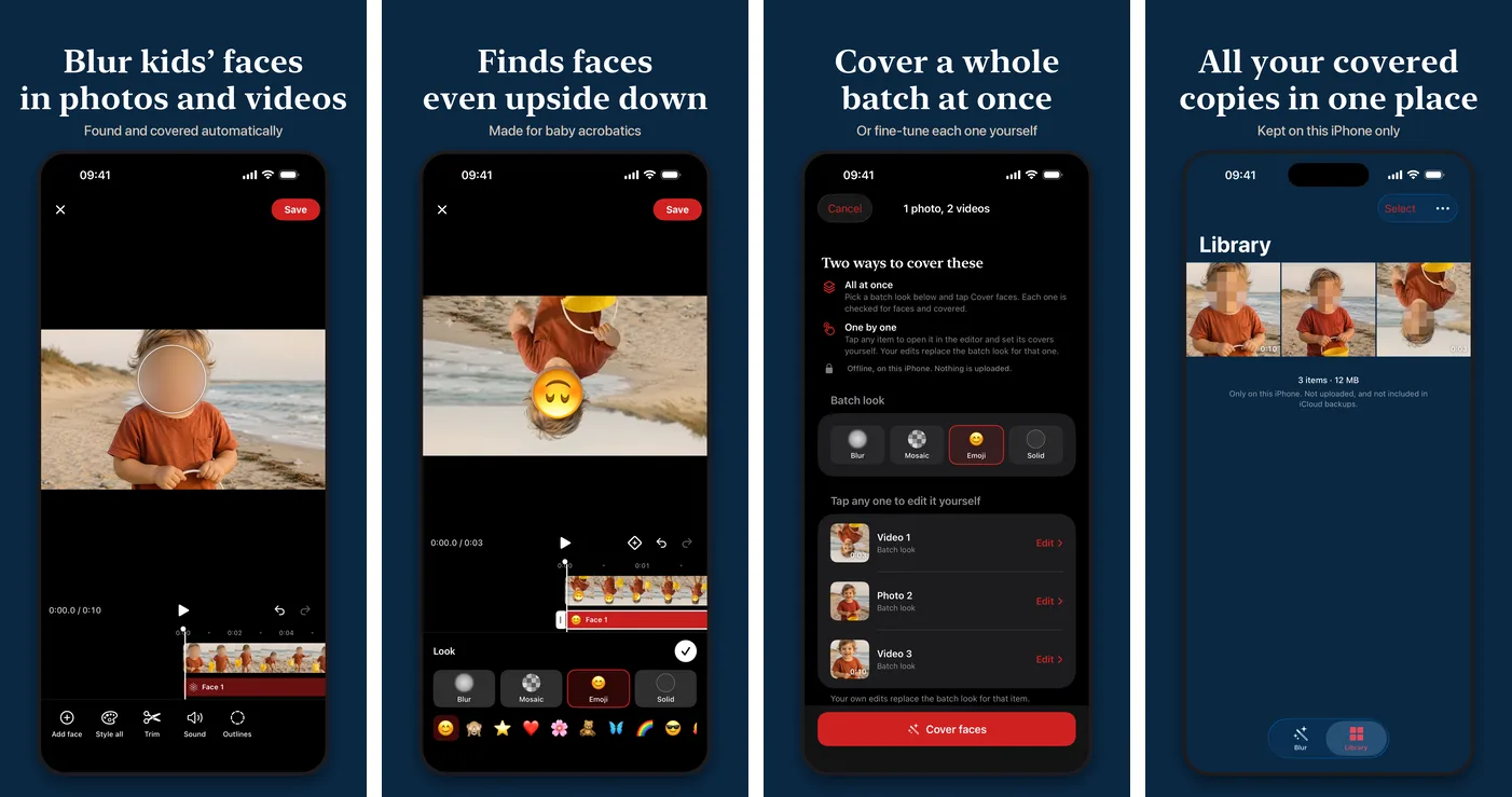 Four App Store screenshots: blur kids' faces in photos and videos, finds faces even upside down, cover a whole batch at once, all your covered copies in one place